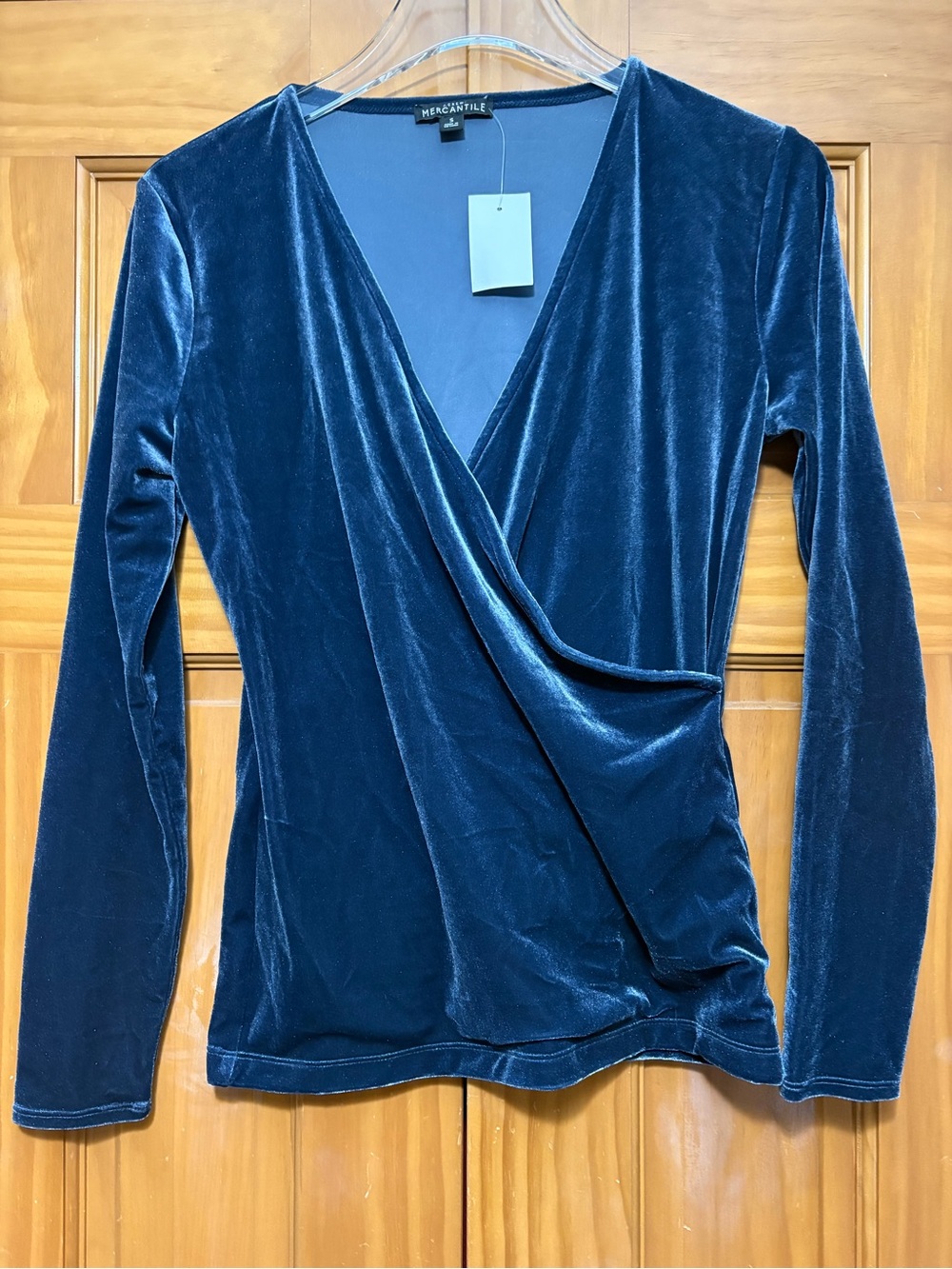 J. Crew Deep Blue Velvet Faux-Wrap Long Sleeve Top Size Small NWT
